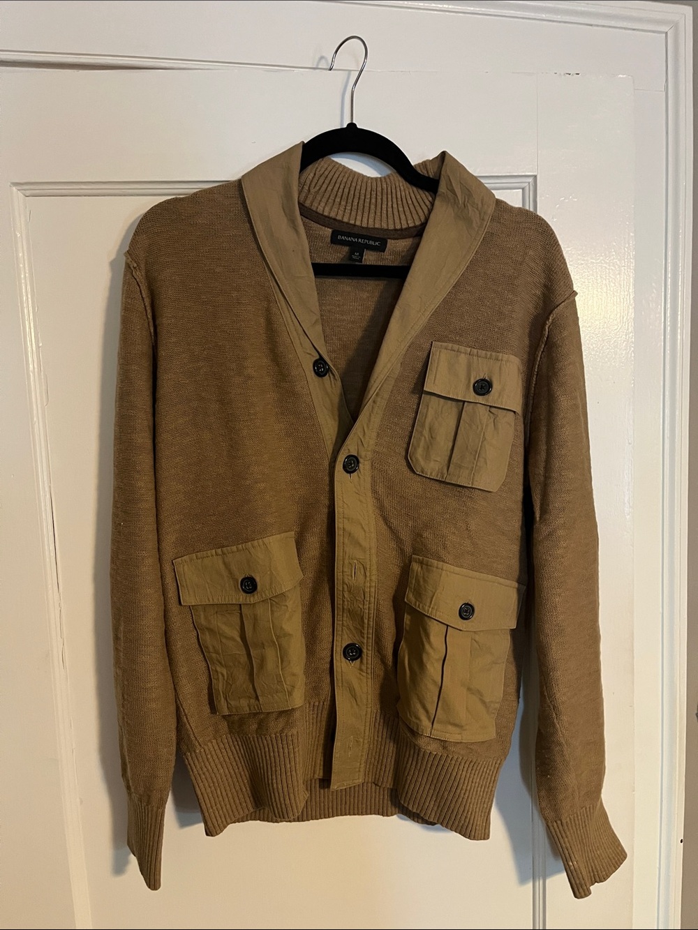 Banana Republic Men's Khaki Brown Cardigan with Patch Pockets
